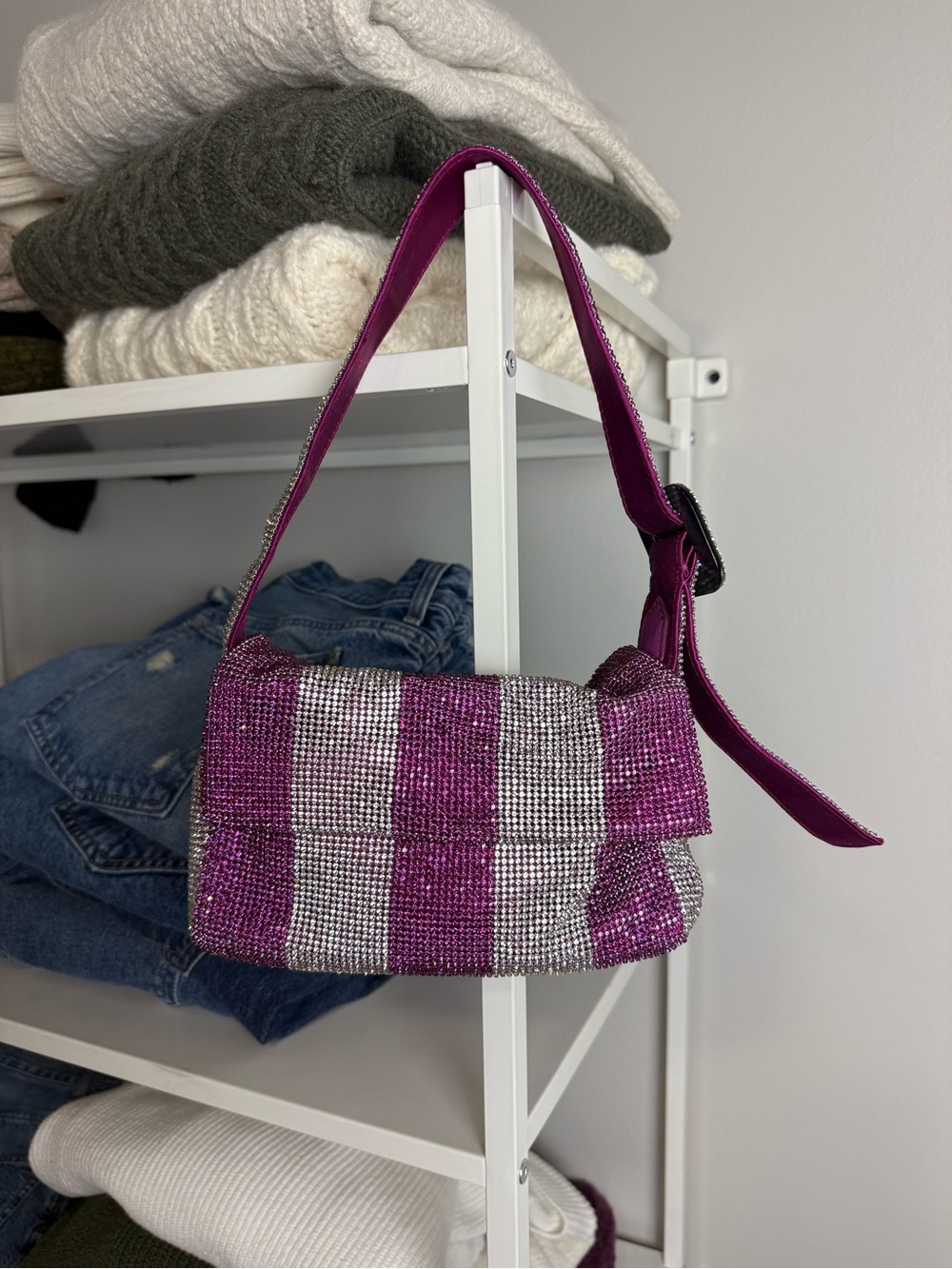 Benedetta Bruzziches Rhinestone Pink & Silver Stripe Shoulder Bag - Picture 2 of 7